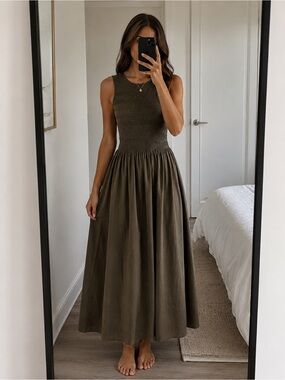 Rag & Bone Sleeveless Smocked Maxi Dress Olive Green Cotton Blend XS New